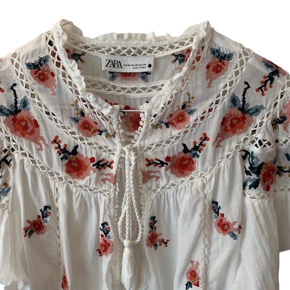 Zara White Floral Embroidered Open Smocked Puff Sleeve Boho Top - Picture 4 of 10